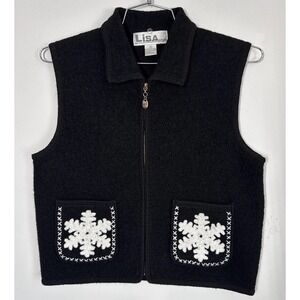 Vtg Lisa Intl Boiled Wool Sweater Vest Snowflake Zip Up Grandmacore Artsy Size M